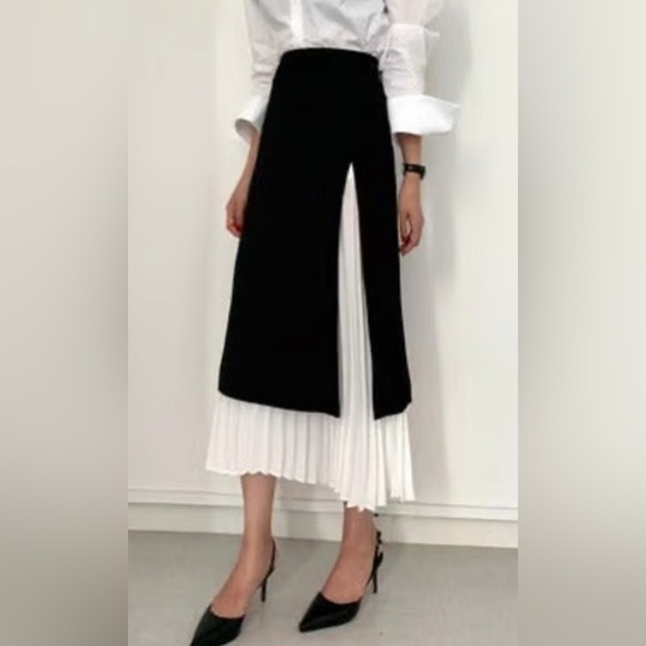 NWT Commense Pleated Midi Skirt Black White Color Block Layered Skirt size L - Picture 2 of 5